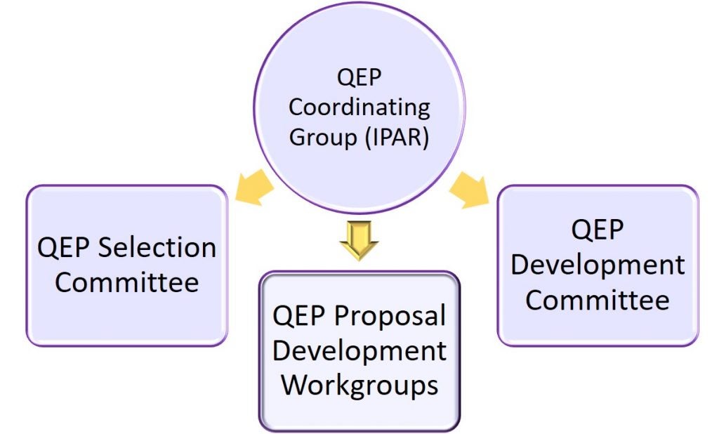 Three Committees: QEP Selection Committee, QEP Proposal Development Workgroups, and QEP Development Committee